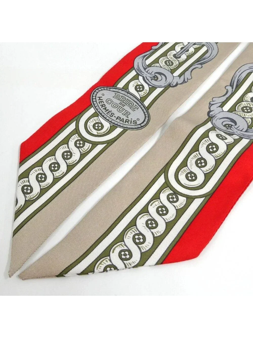 Hermes Twill Bridesdecour Silk Beige Red Scarf
